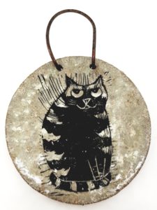 wall hanging, ceramic wall hanging, ceramic plaque, wall plaque, cat design, linocut. stripey cat, cat gift, pottery cats, ceramic cats, jane adams ceramics, pawprint designs, cornwall